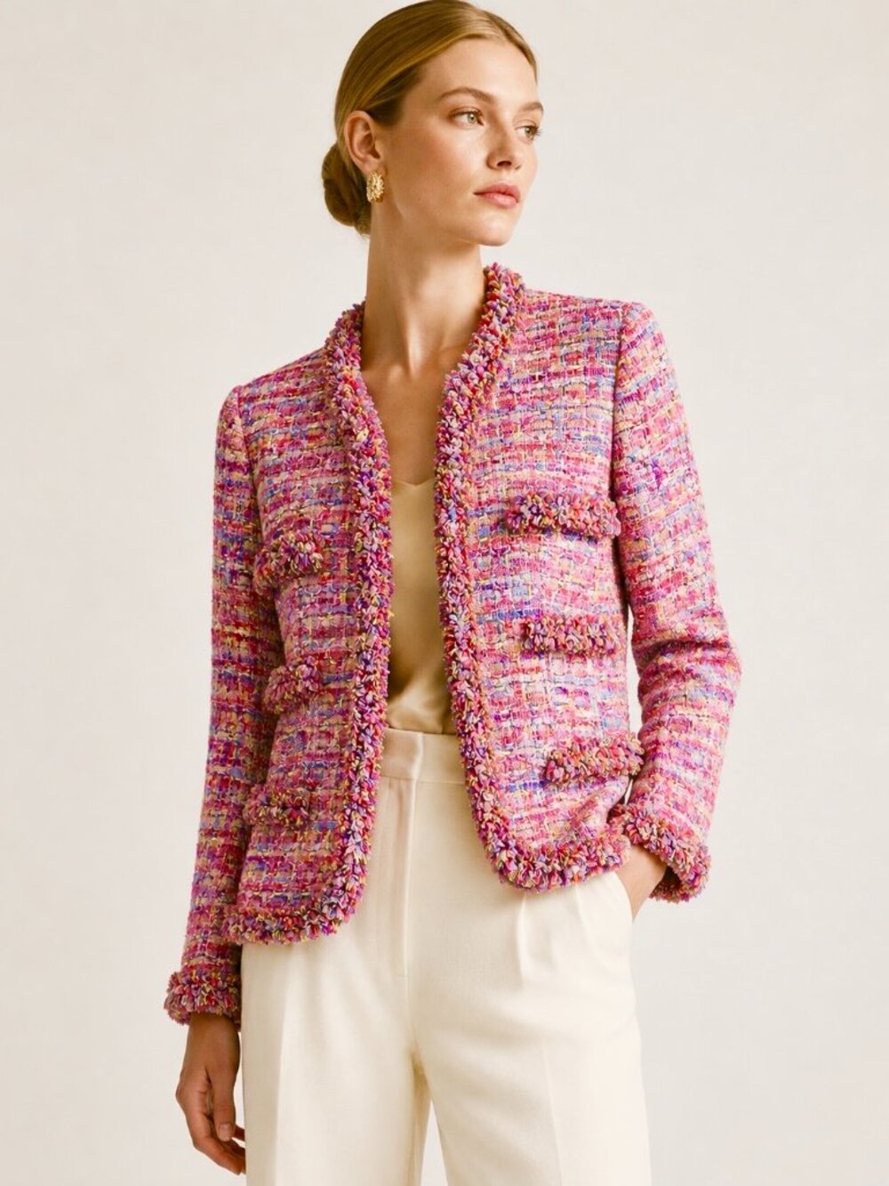 ESCADA Pink Multicolor Wool Tweed Bouclé Fringe Jacket Blazer Size 34